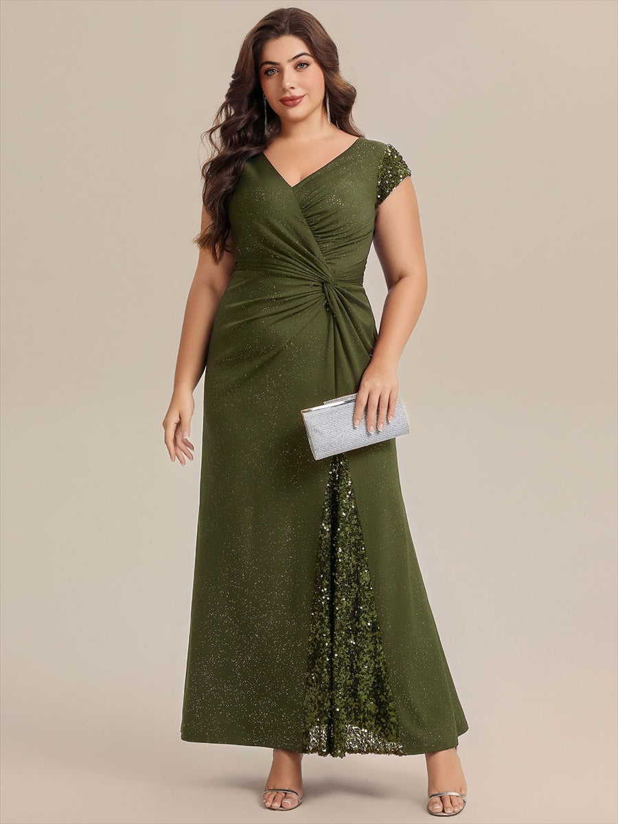 Color=Olive Green | Commercial Wholesale Short Sleeve V-Neck Bodycon Maxi Dress with Sequin Details Evening Dresses-Olive Green 106