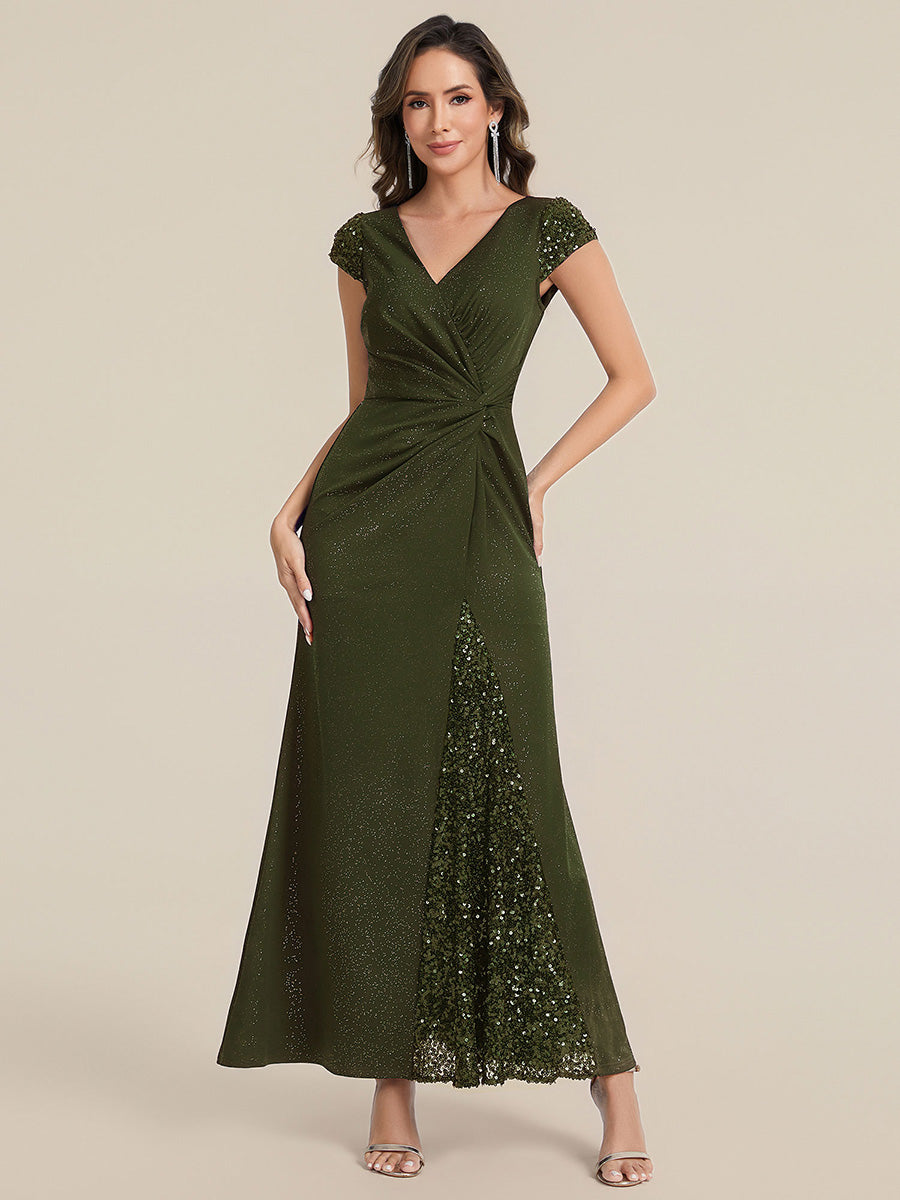 Color=Olive Green | Commercial Wholesale Short Sleeve V-Neck Bodycon Maxi Dress with Sequin Details Evening Dresses-Olive Green 51