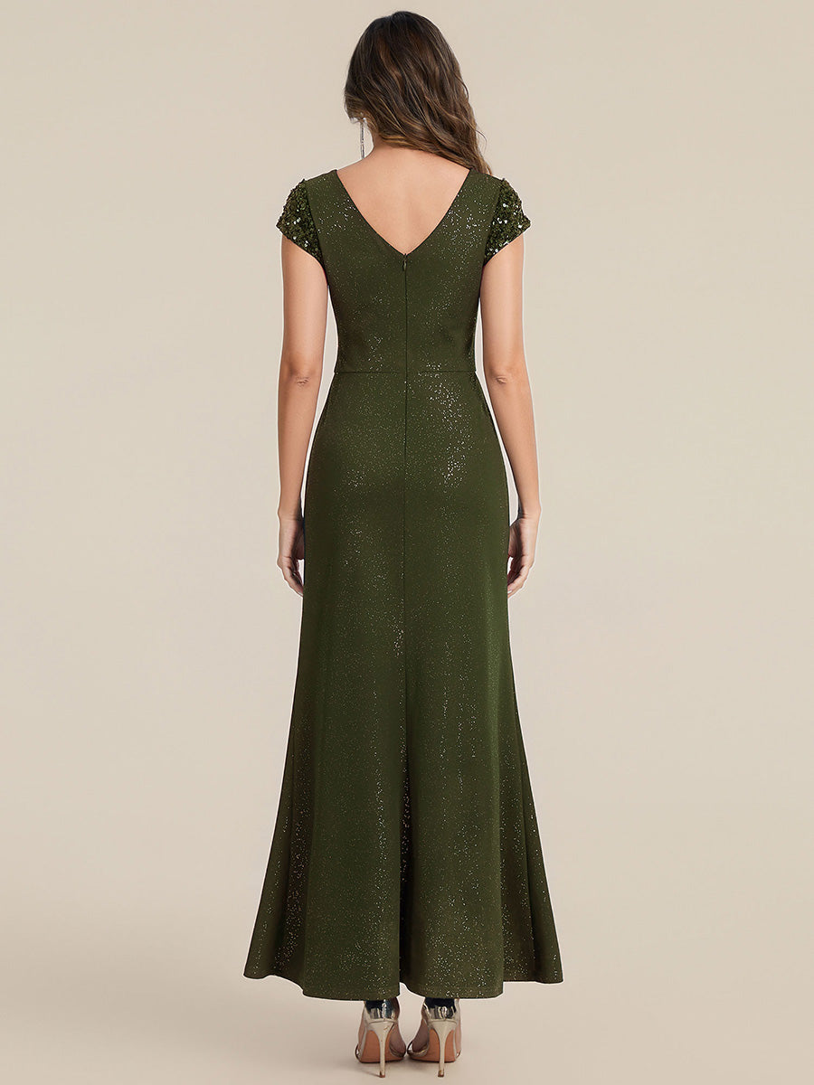 Color=Olive Green | Commercial Wholesale Short Sleeve V-Neck Bodycon Maxi Dress with Sequin Details Evening Dresses-Olive Green 52