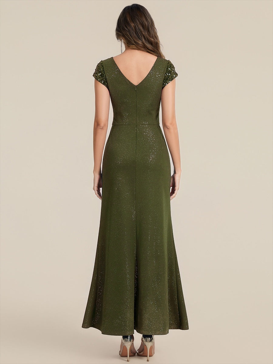 Color=Olive Green | Commercial Wholesale Short Sleeve V-Neck Bodycon Maxi Dress with Sequin Details Evening Dresses-Olive Green 102