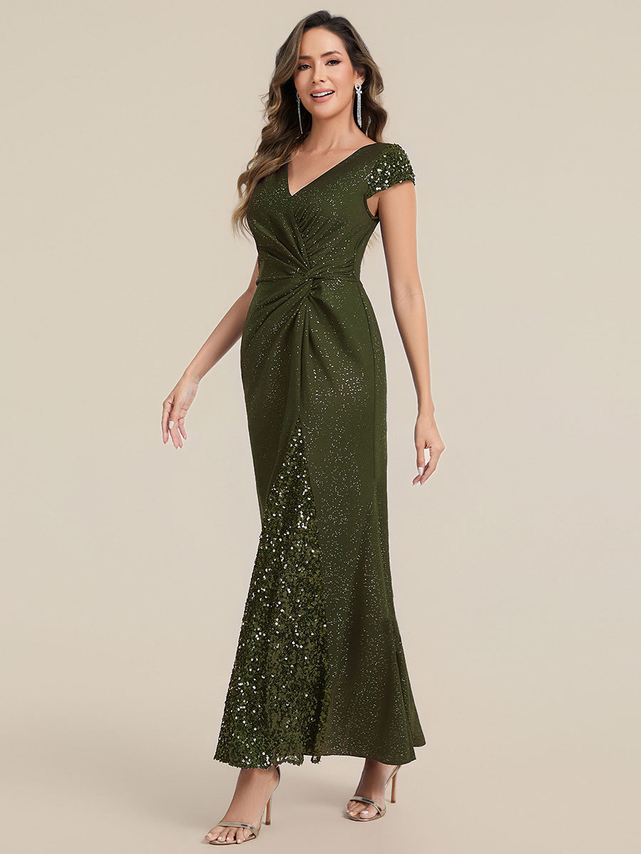 Color=Olive Green | Commercial Wholesale Short Sleeve V-Neck Bodycon Maxi Dress with Sequin Details Evening Dresses-Olive Green 54