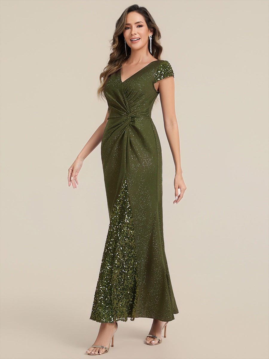 Color=Olive Green | Commercial Wholesale Short Sleeve V-Neck Bodycon Maxi Dress with Sequin Details Evening Dresses-Olive Green 104
