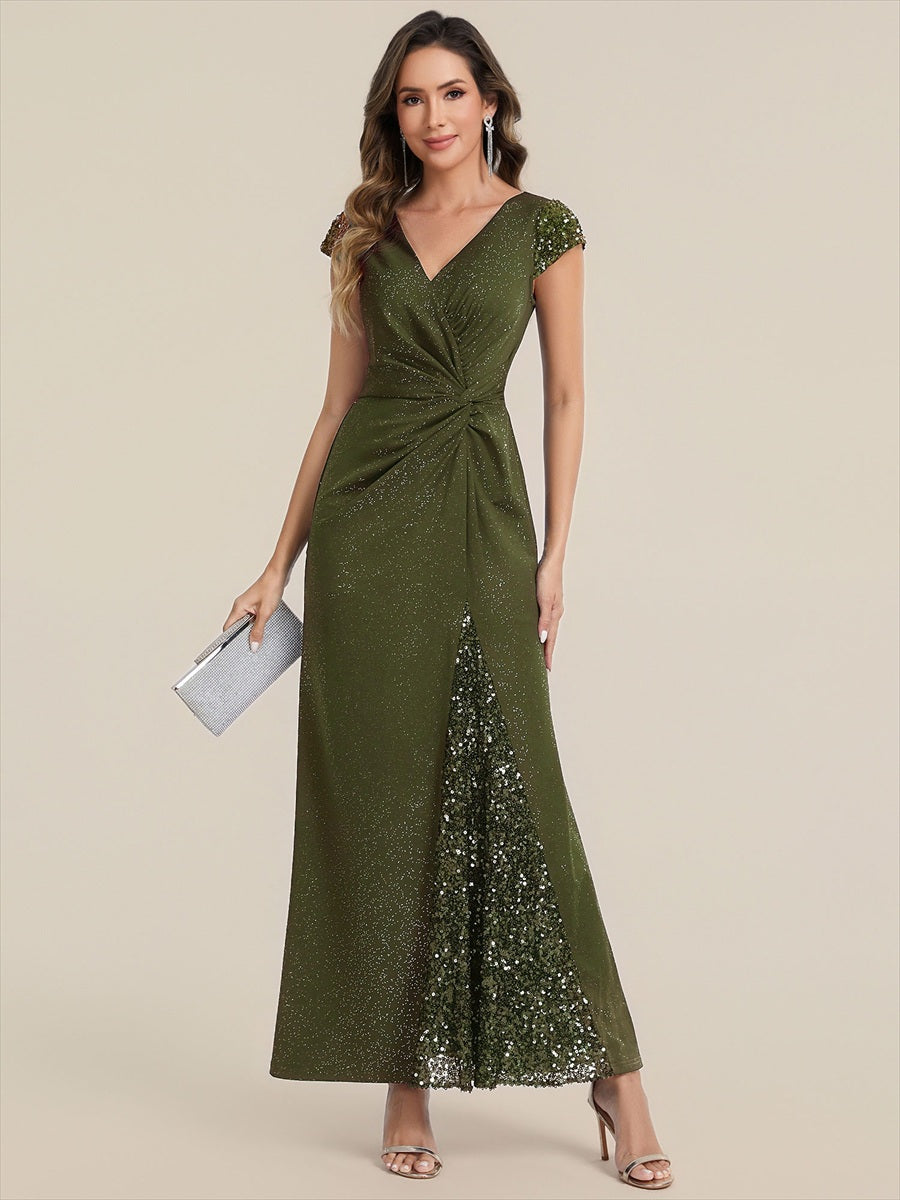 Color=Olive Green | Commercial Wholesale Short Sleeve V-Neck Bodycon Maxi Dress with Sequin Details Evening Dresses-Olive Green 105