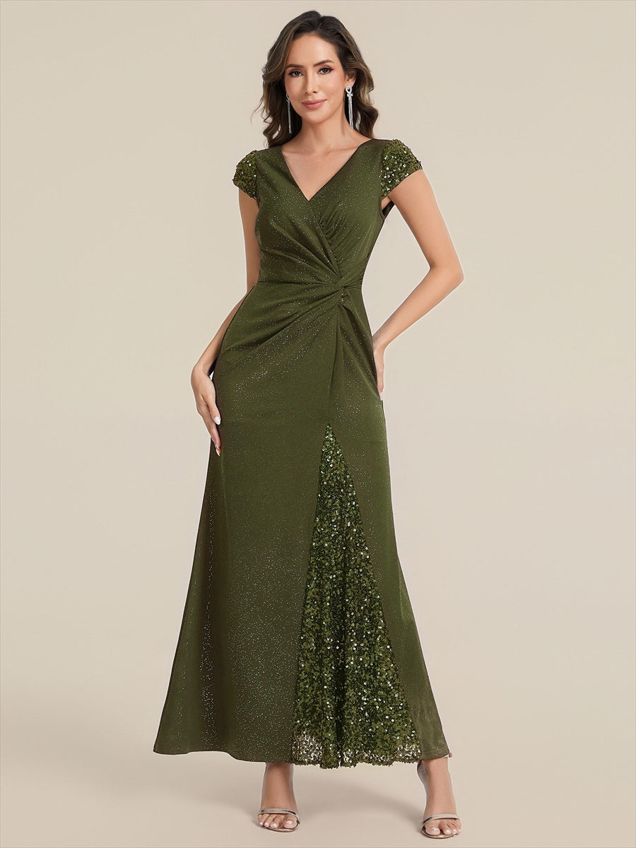 Color=Olive Green | Commercial Wholesale Short Sleeve V-Neck Bodycon Maxi Dress with Sequin Details Evening Dresses-Olive Green 101