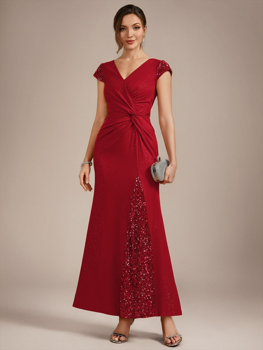 Color=Red | EE02657RD | Fast Delivery Short Sleeve Deep V-Neck Sequin Bodycon Floor Length Evening Dresses