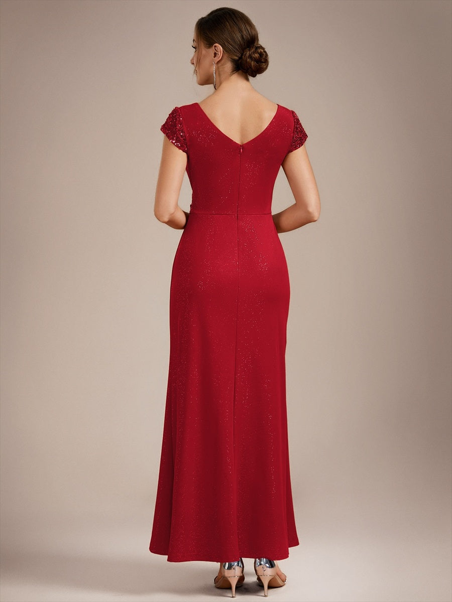 Color=Red | EE02657RD | Fast Delivery Short Sleeve Deep V-Neck Sequin Bodycon Floor Length Evening Dresses