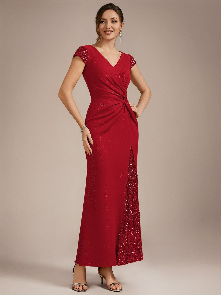Color=Red | EE02657RD | Fast Delivery Short Sleeve Deep V-Neck Sequin Bodycon Floor Length Evening Dresses