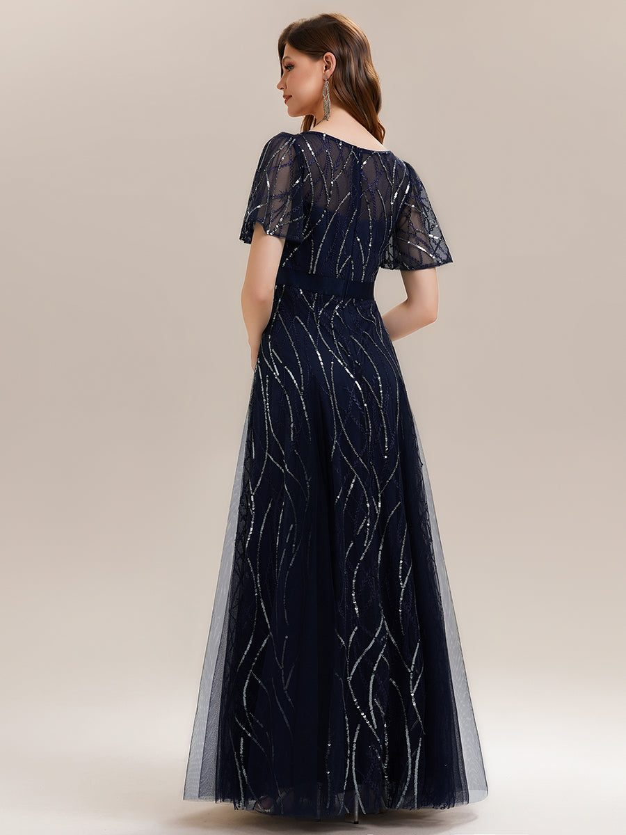 Color=Navy Blue | B2B-Exclusive Short Sleeve Ruffle Sequin Deep V-Neck A-Line Floor Length Evening Dresses-Navy Blue 2
