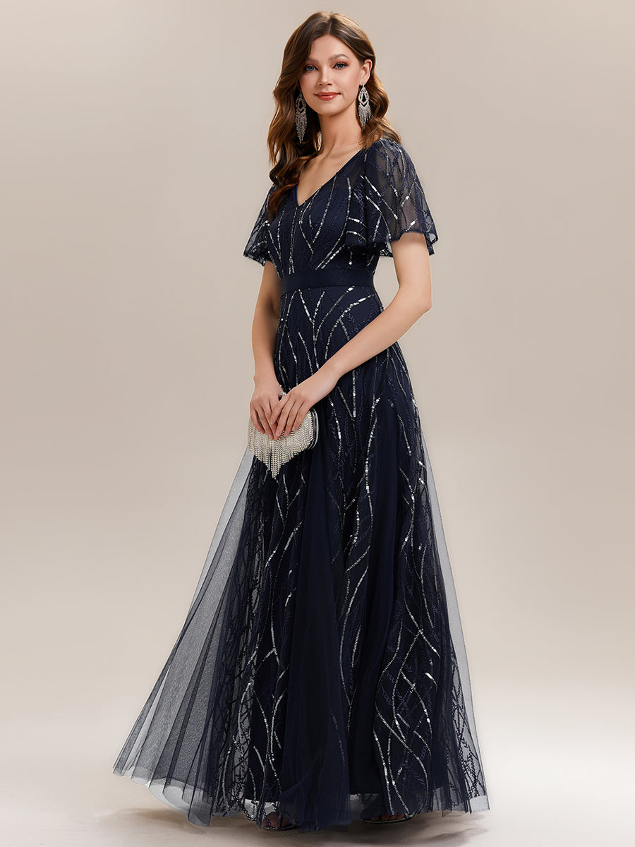Color=Navy Blue | B2B-Exclusive Short Sleeve Ruffle Sequin Deep V-Neck A-Line Floor Length Evening Dresses-Navy Blue 4