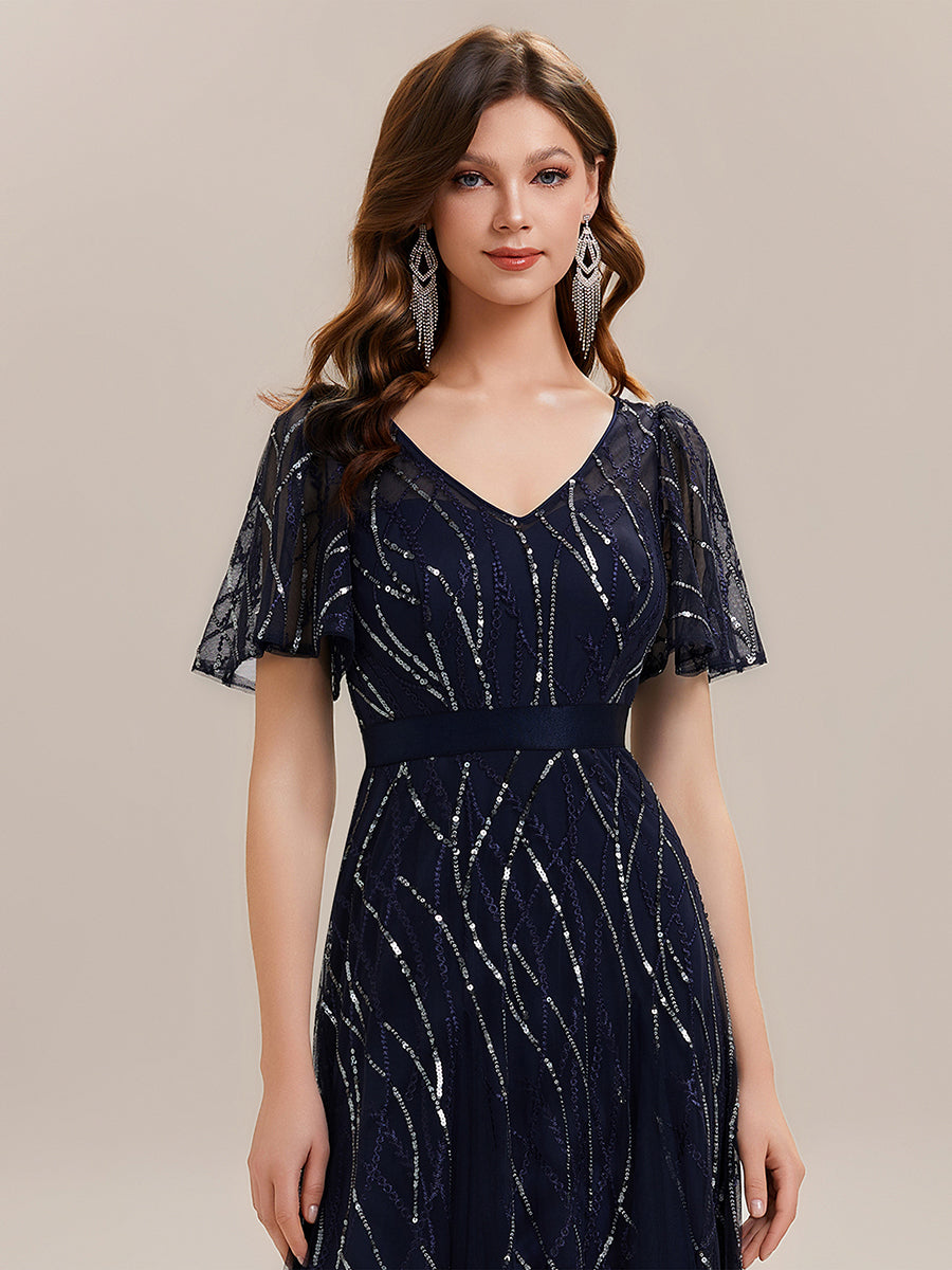 Color=Navy Blue | B2B-Exclusive Short Sleeve Ruffle Sequin Deep V-Neck A-Line Floor Length Evening Dresses-Navy Blue 3