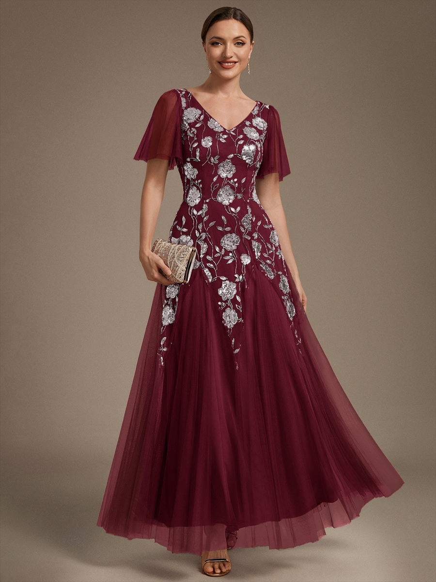 Color=Burgundy | Factory Design Short Sleeve Ruffle Sequin V-Neck A-Line Floor Length Evening Dresses-Burgundy 1