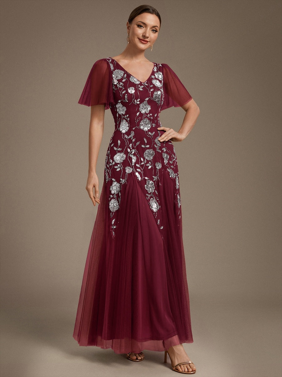 Color=Burgundy | Factory Design Short Sleeve Ruffle Sequin V-Neck A-Line Floor Length Evening Dresses-Burgundy 3