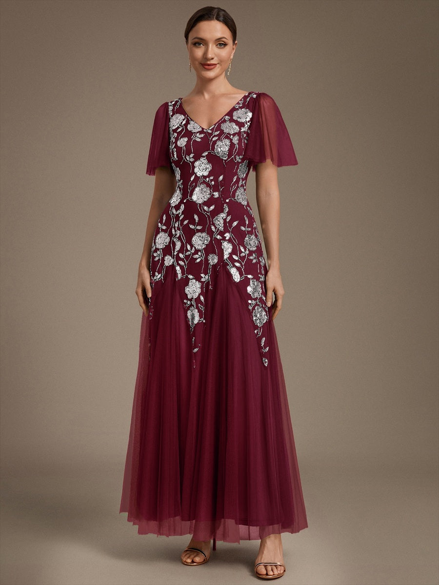 Color=Burgundy | Factory Design Short Sleeve Ruffle Sequin V-Neck A-Line Floor Length Evening Dresses-Burgundy 4