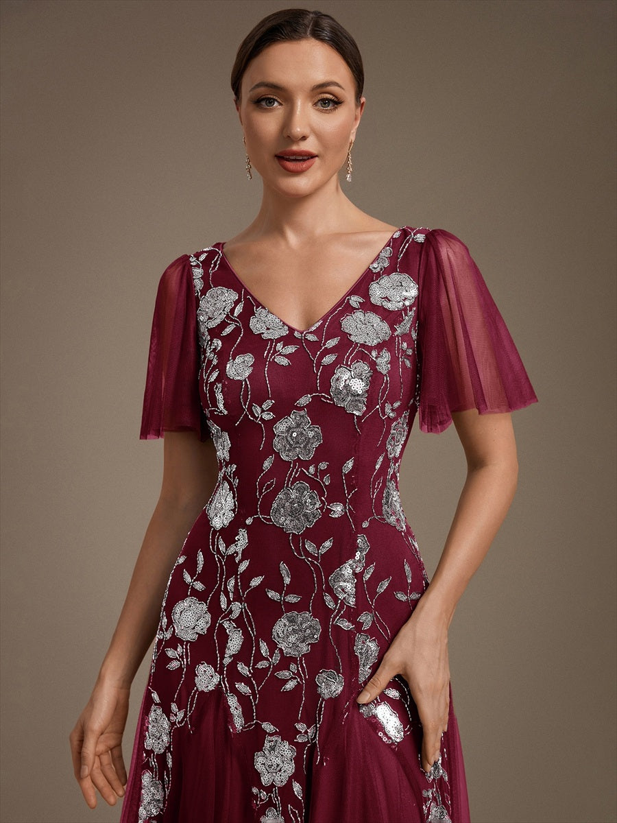 Color=Burgundy | Factory Design Short Sleeve Ruffle Sequin V-Neck A-Line Floor Length Evening Dresses-Burgundy 5