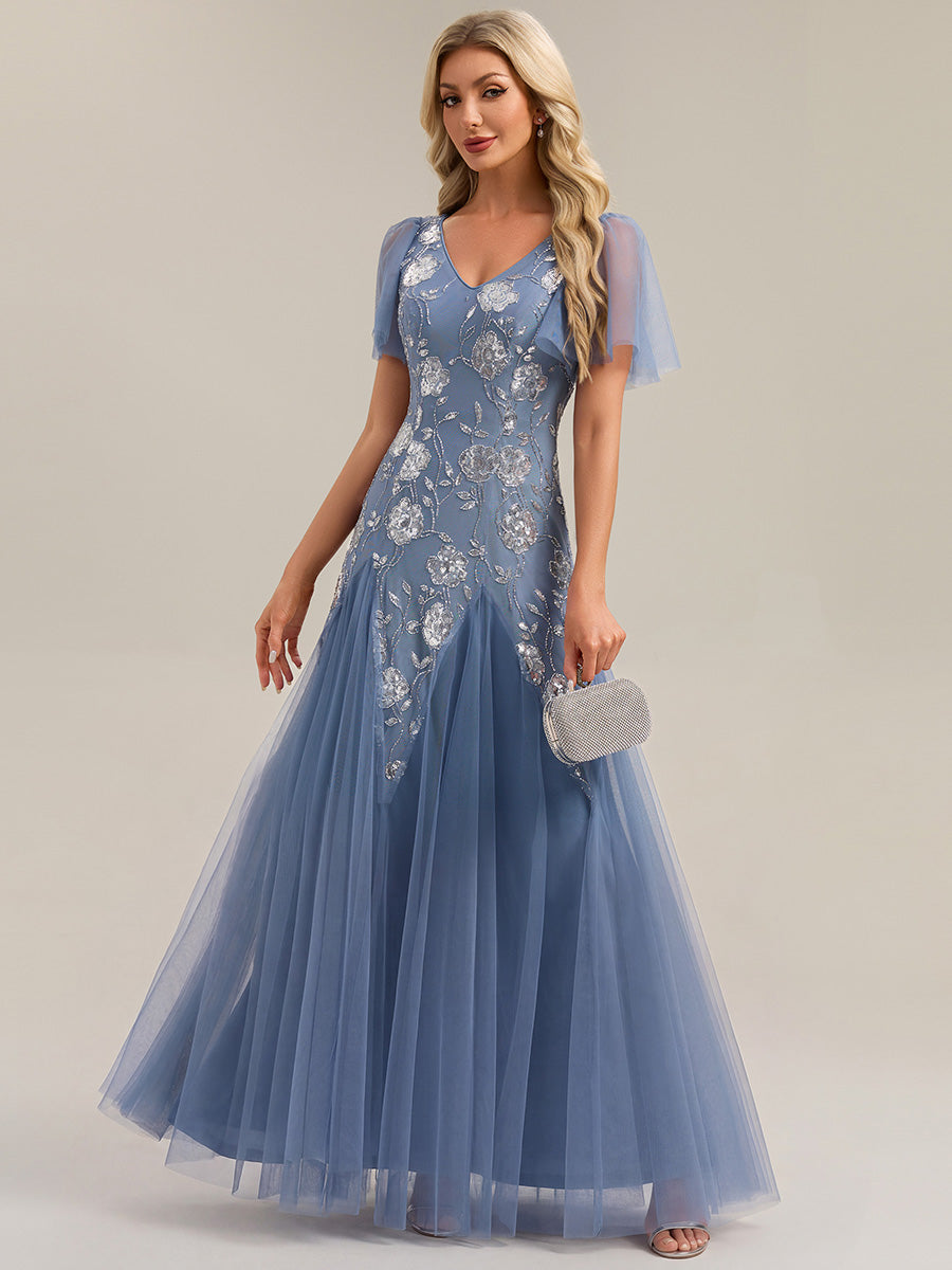 Color=Dusty Blue | Wholesale Pricing Short Sleeve Ruffle Sequin V-Neck A-Line Floor Length Evening Dresses-Dusty Blue 4