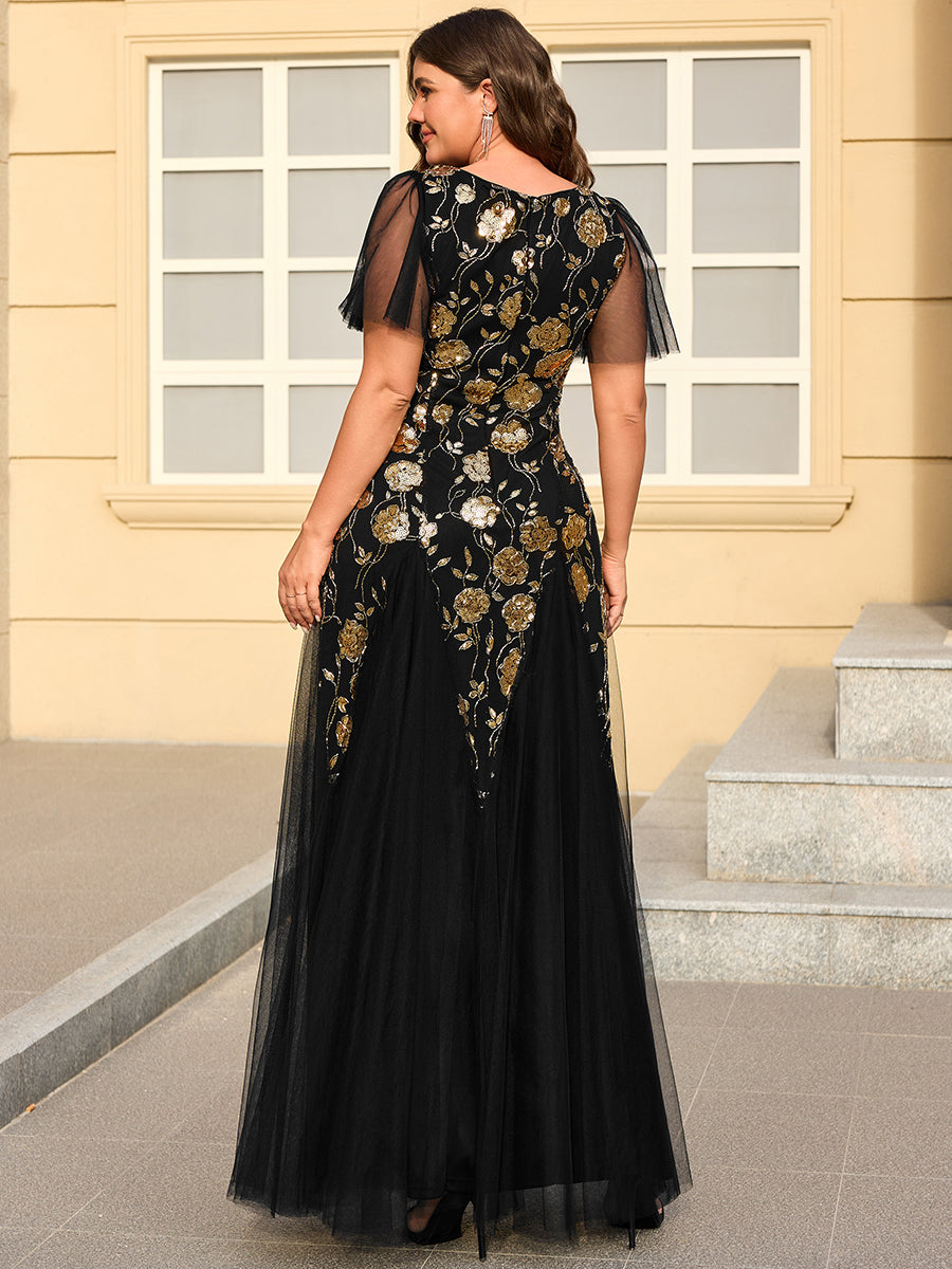 Color=Black Gold | Factory Design Short Sleeve Ruffle Sequin V-Neck A-Line Floor Length Evening Dresses-Black Gold 7
