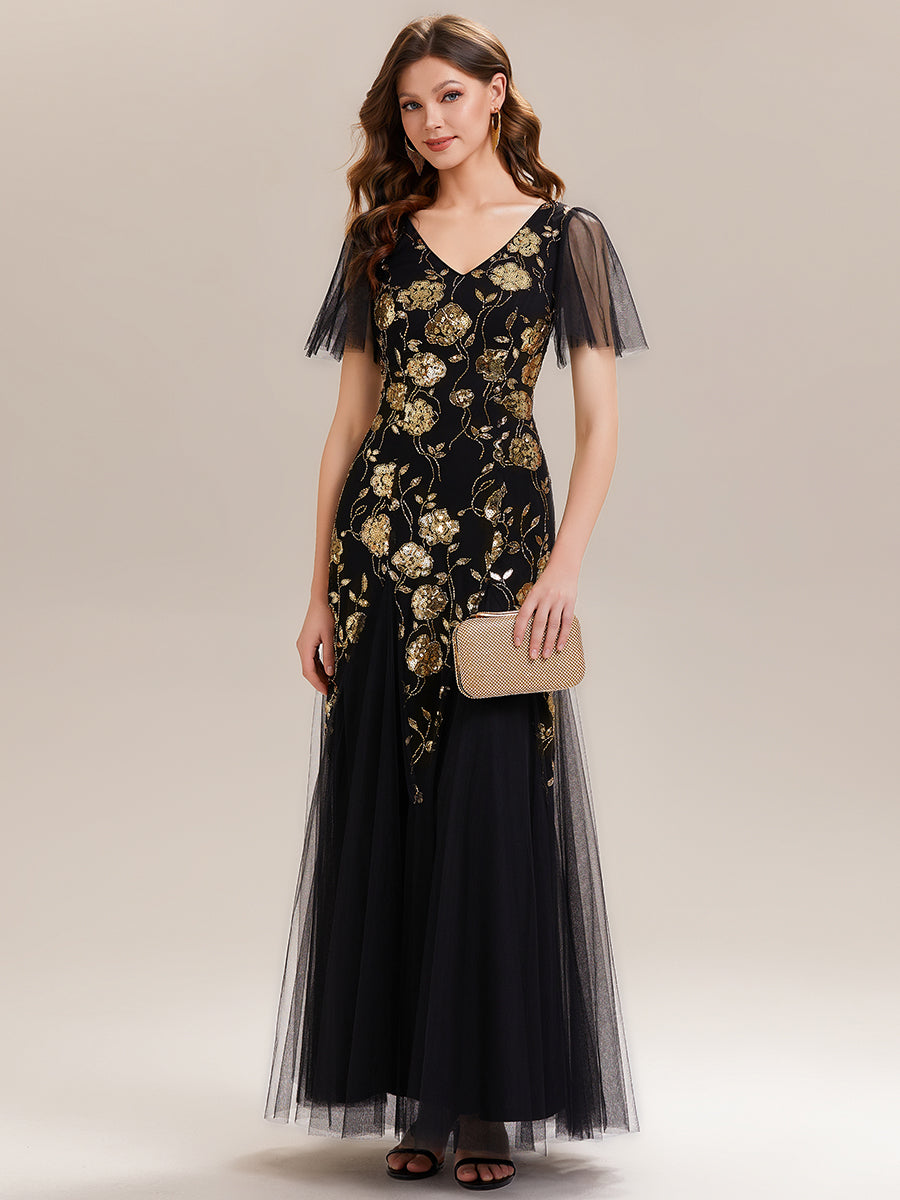 Color=Black Gold | Factory Design Short Sleeve Ruffle Sequin V-Neck A-Line Floor Length Evening Dresses-Black Gold 1