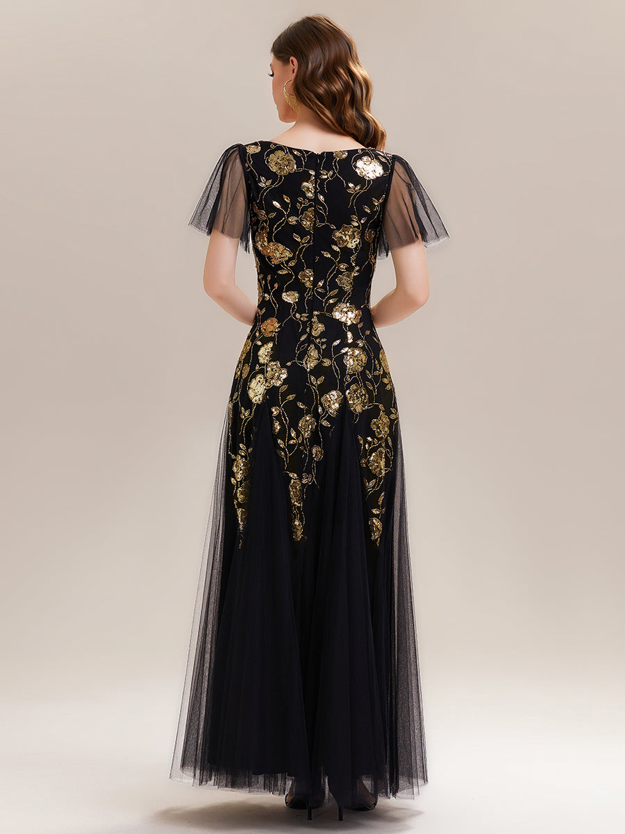 Color=Black Gold | Factory Design Short Sleeve Ruffle Sequin V-Neck A-Line Floor Length Evening Dresses-Black Gold 2