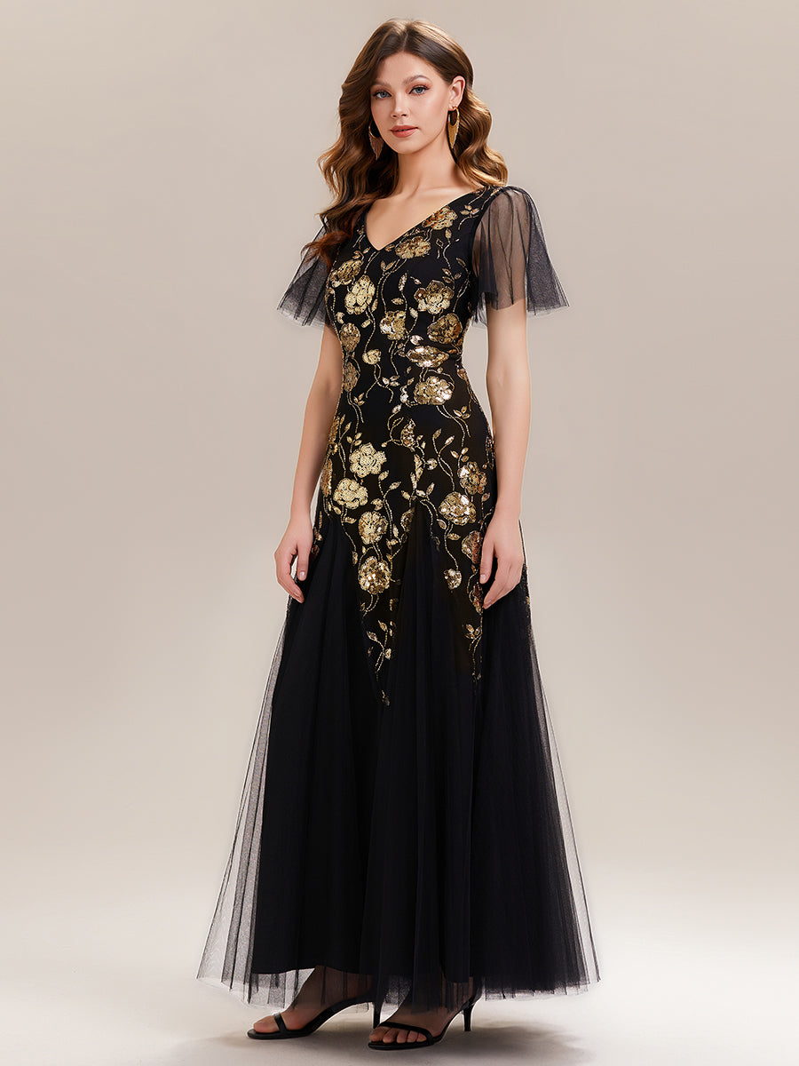 Color=Black Gold | Factory Design Short Sleeve Ruffle Sequin V-Neck A-Line Floor Length Evening Dresses-Black Gold 5