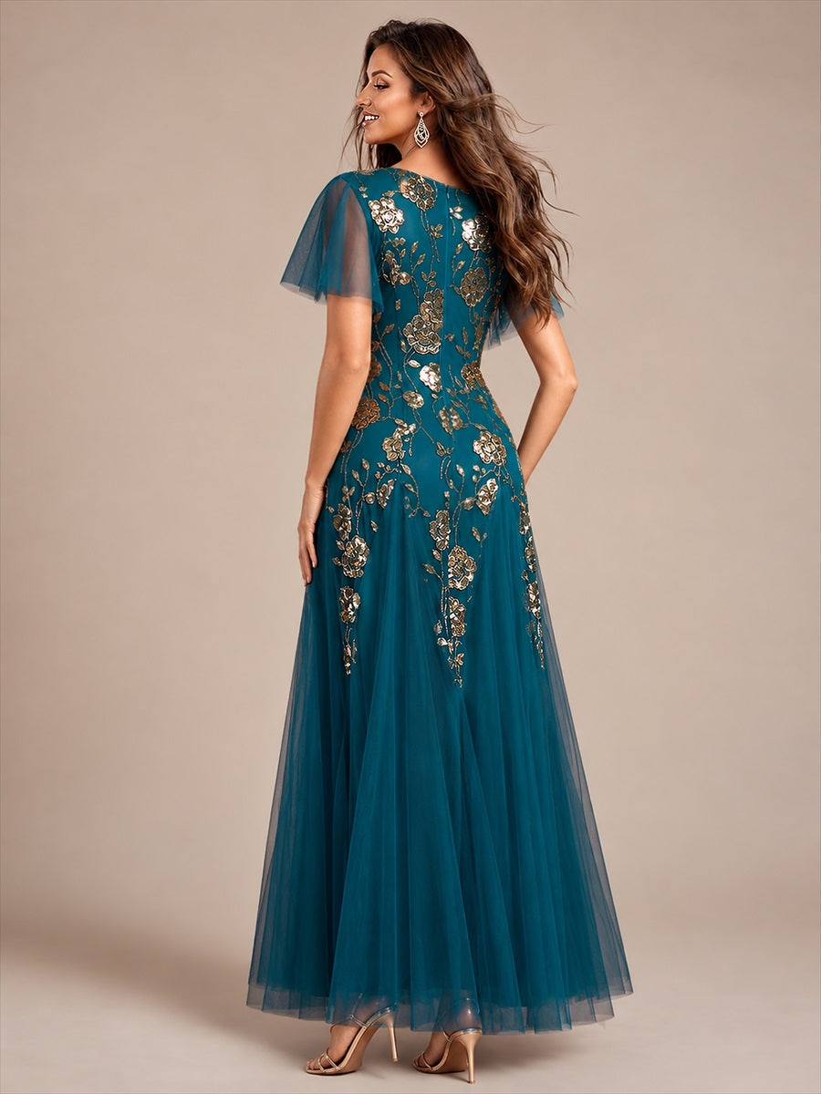Color=Teal Blue | Factory Design Short Sleeve Ruffle Sequin V-Neck A-Line Floor Length Evening Dresses-Teal Blue 2