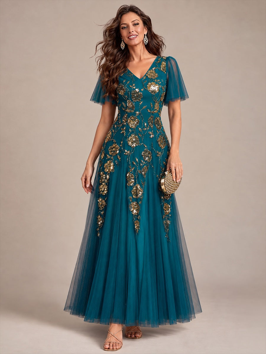 Color=Teal Blue | Factory Design Short Sleeve Ruffle Sequin V-Neck A-Line Floor Length Evening Dresses-Teal Blue 4