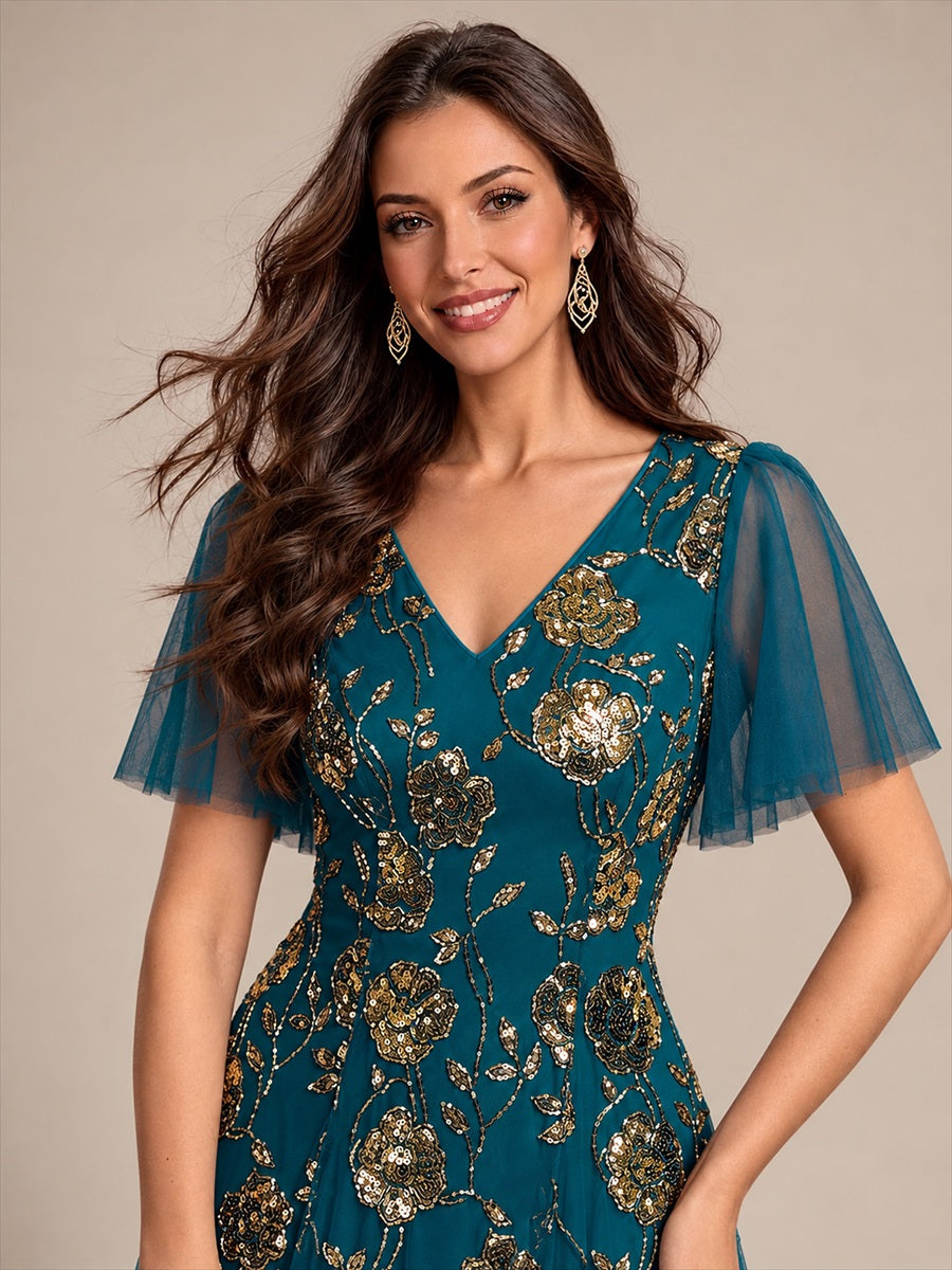 Color=Teal Blue | Factory Design Short Sleeve Ruffle Sequin V-Neck A-Line Floor Length Evening Dresses-Teal Blue 5