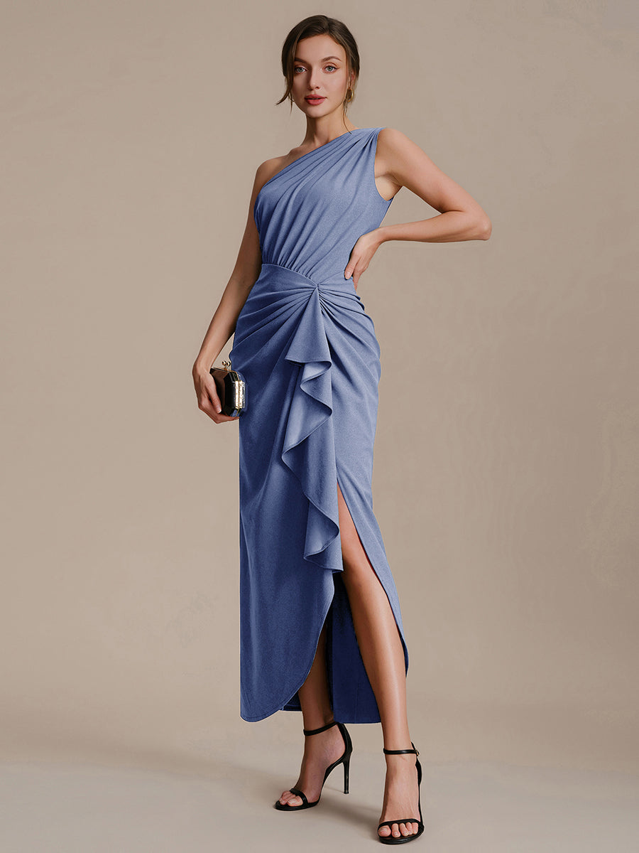 Color=Dusty Blue | Fast Delivery Strapless High Stretch Bodycon One Shoulder Evening Dress with Ruffles Evening Dresses-Dusty Blue 19