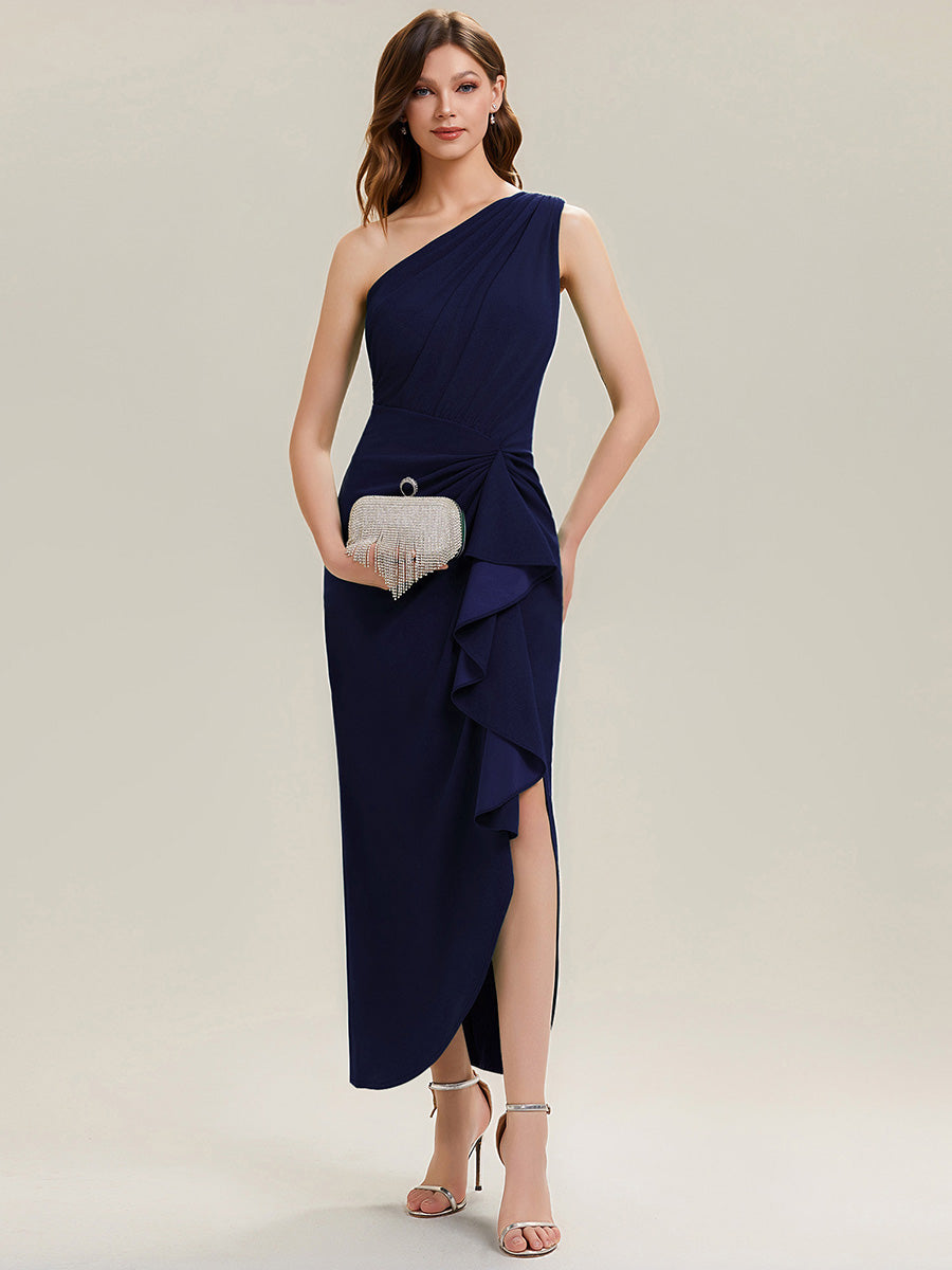 Color=Navy Blue | Fast Delivery Strapless High Stretch Bodycon One Shoulder Evening Dress with Ruffles Evening Dresses-Navy Blue 11