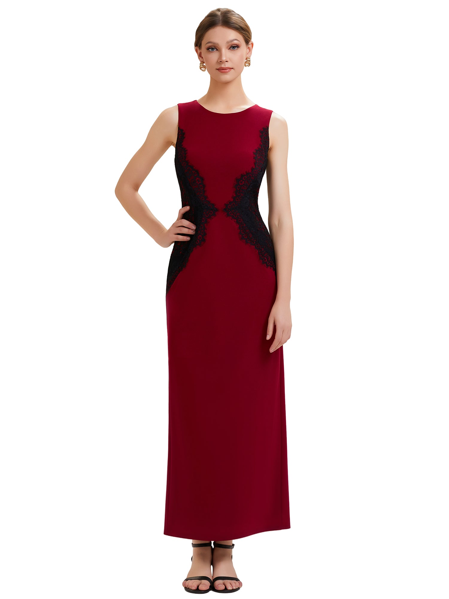 Color=Dark Red | Volume Discounts Strapless Round Neck Bodycon Maxi Dress with Eyelash Lace Trim Evening Dresses-Dark Red 2
