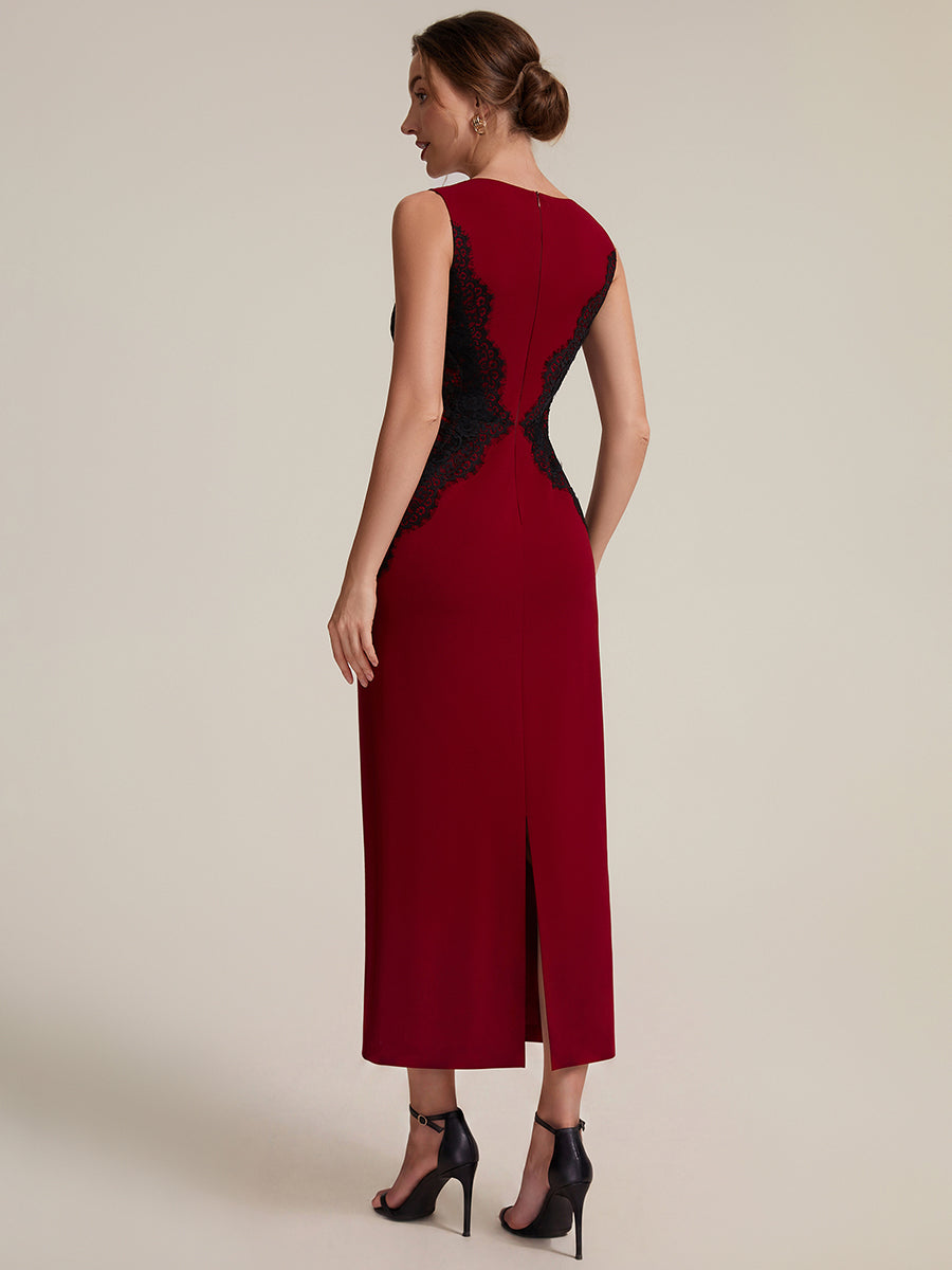 Color=Dark Red | Volume Discounts Strapless Round Neck Bodycon Maxi Dress with Eyelash Lace Trim Evening Dresses-Dark Red 12