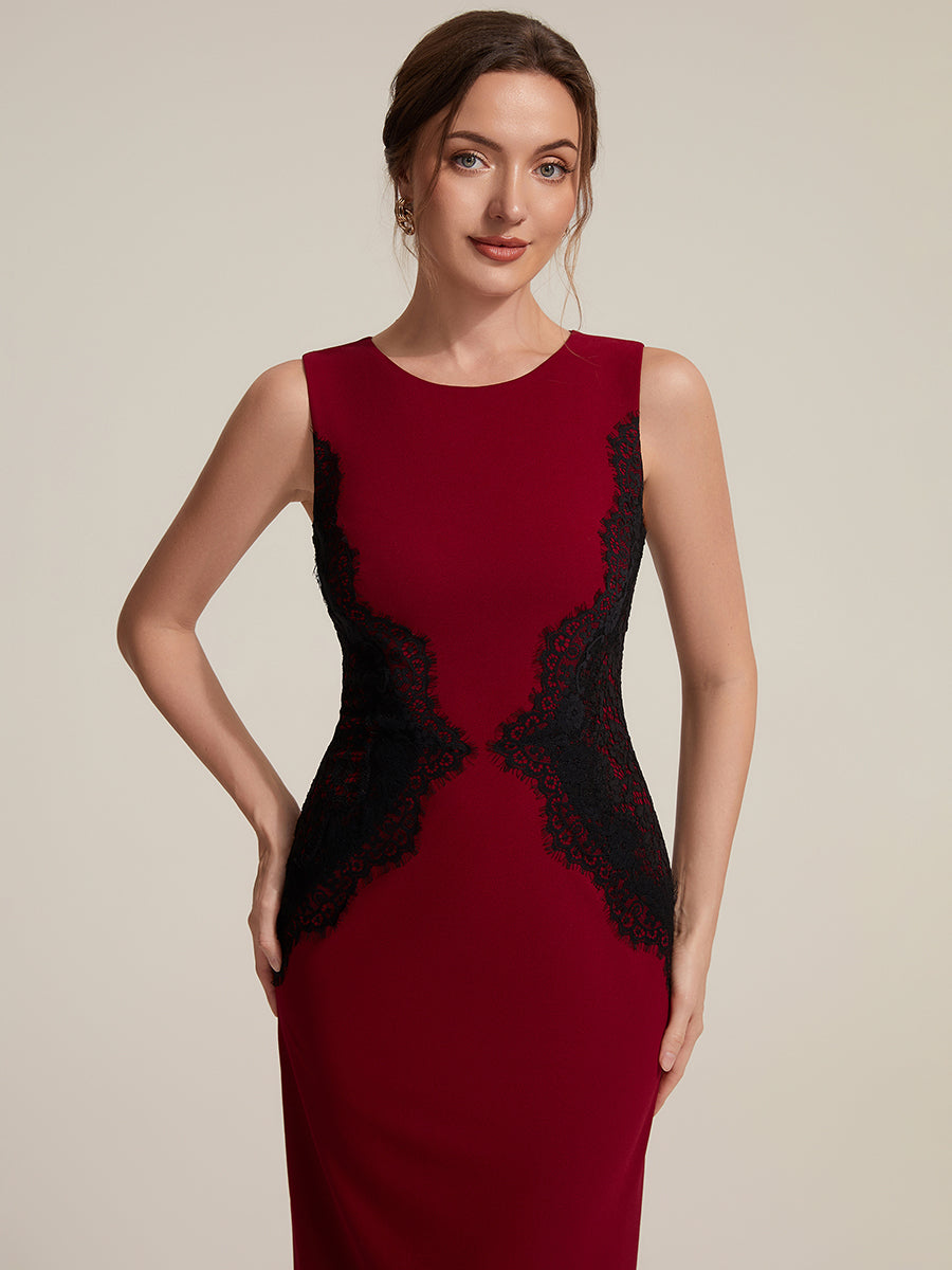 Color=Dark Red | Volume Discounts Strapless Round Neck Bodycon Maxi Dress with Eyelash Lace Trim Evening Dresses-Dark Red 15