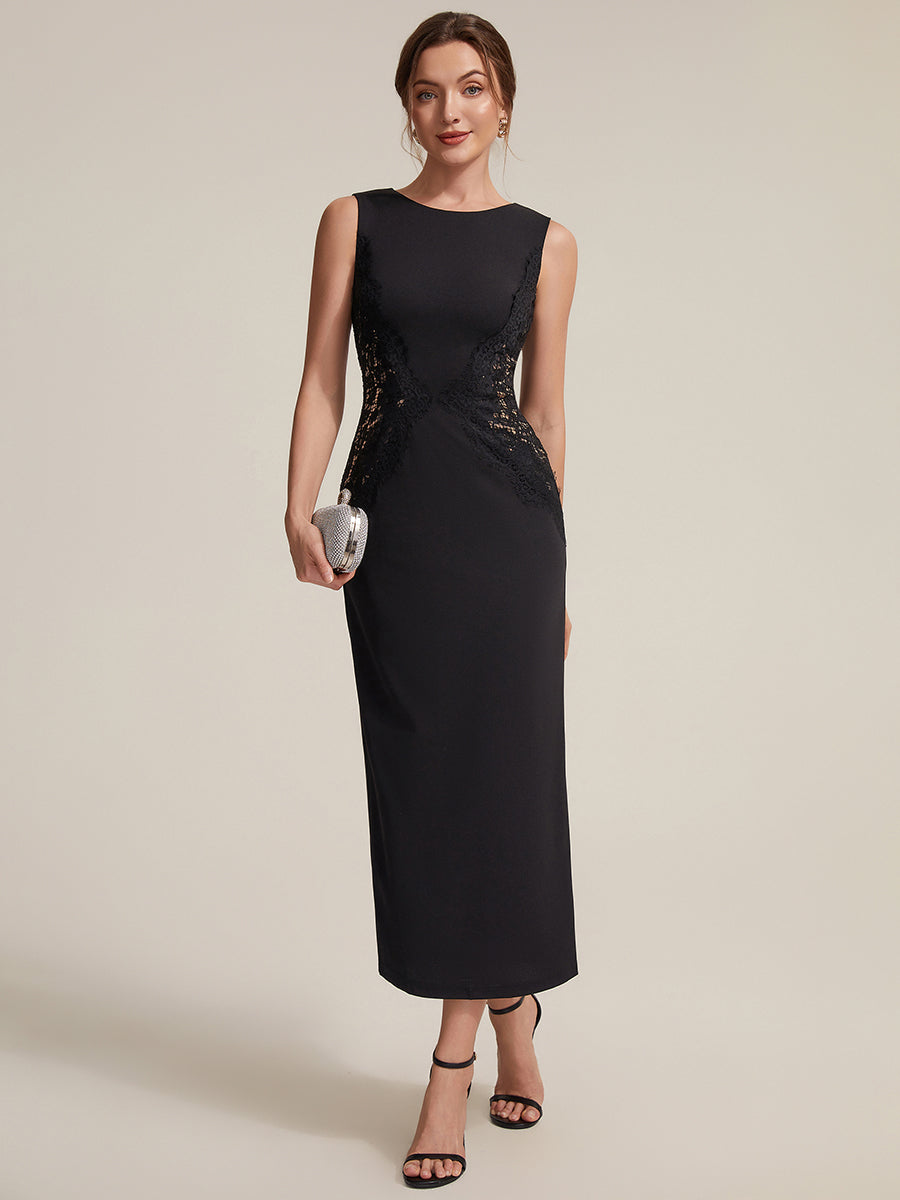 Color=Black | Volume Discounts Strapless Round Neck Bodycon Maxi Dress with Eyelash Lace Trim Evening Dresses-Black 16