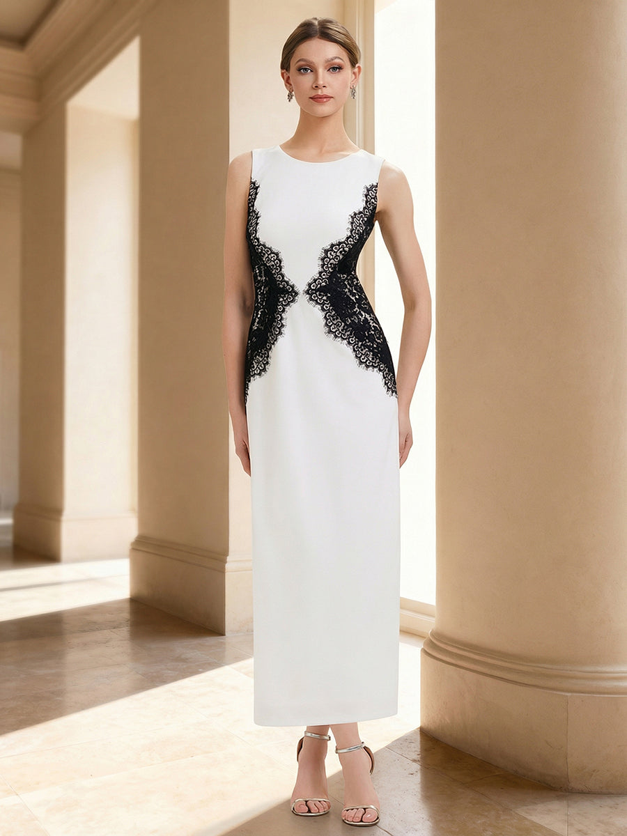 Color=Ivory-Black | Volume Discounts Strapless Round Neck Bodycon Maxi Dress with Eyelash Lace Trim Evening Dresses-Ivory-Black 7