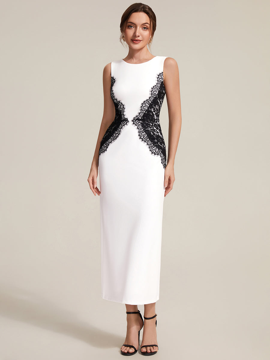 Color=Ivory-Black | Volume Discounts Strapless Round Neck Bodycon Maxi Dress with Eyelash Lace Trim Evening Dresses-Ivory-Black 8