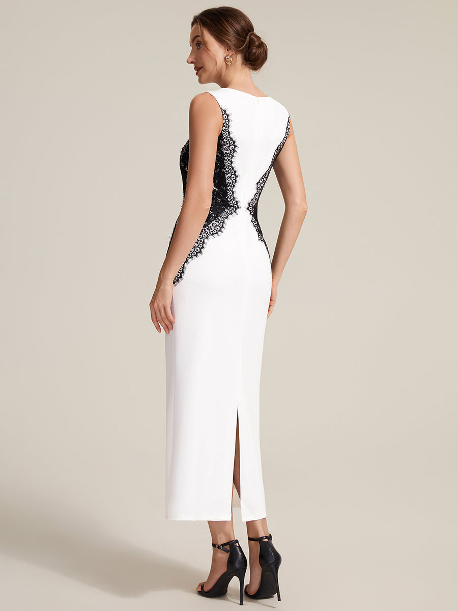 Color=Ivory-Black | Volume Discounts Strapless Round Neck Bodycon Maxi Dress with Eyelash Lace Trim Evening Dresses-Ivory-Black 9