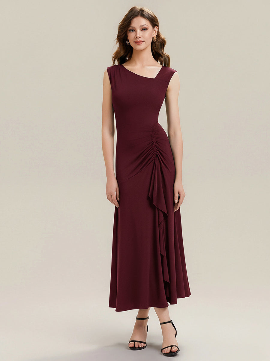 Color=Burgundy | One Stop Shop Sleeveless Asymmetrical Ruffled A-Line Maxi Evening Dresses-Burgundy 1