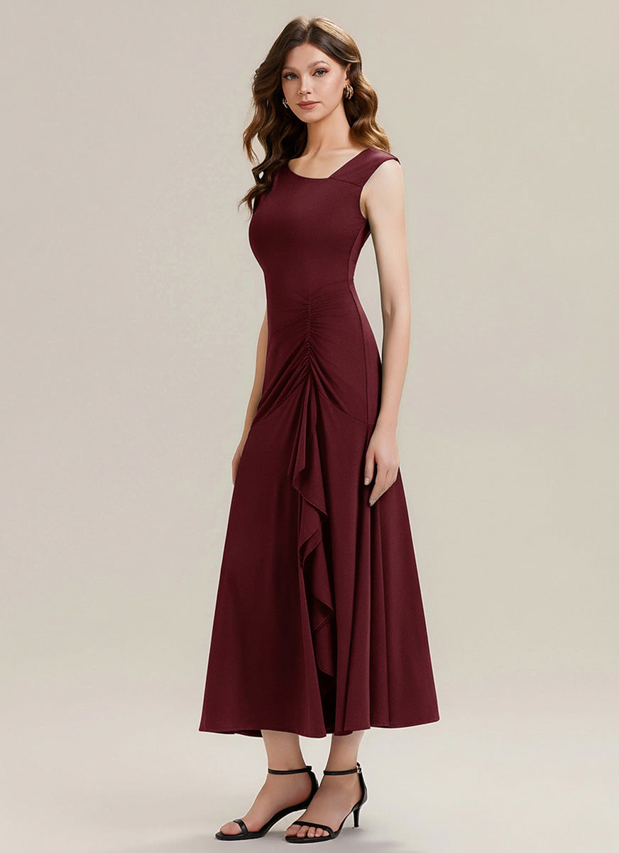 Color=Burgundy | One Stop Shop Sleeveless Asymmetrical Ruffled A-Line Maxi Evening Dresses-Burgundy 4