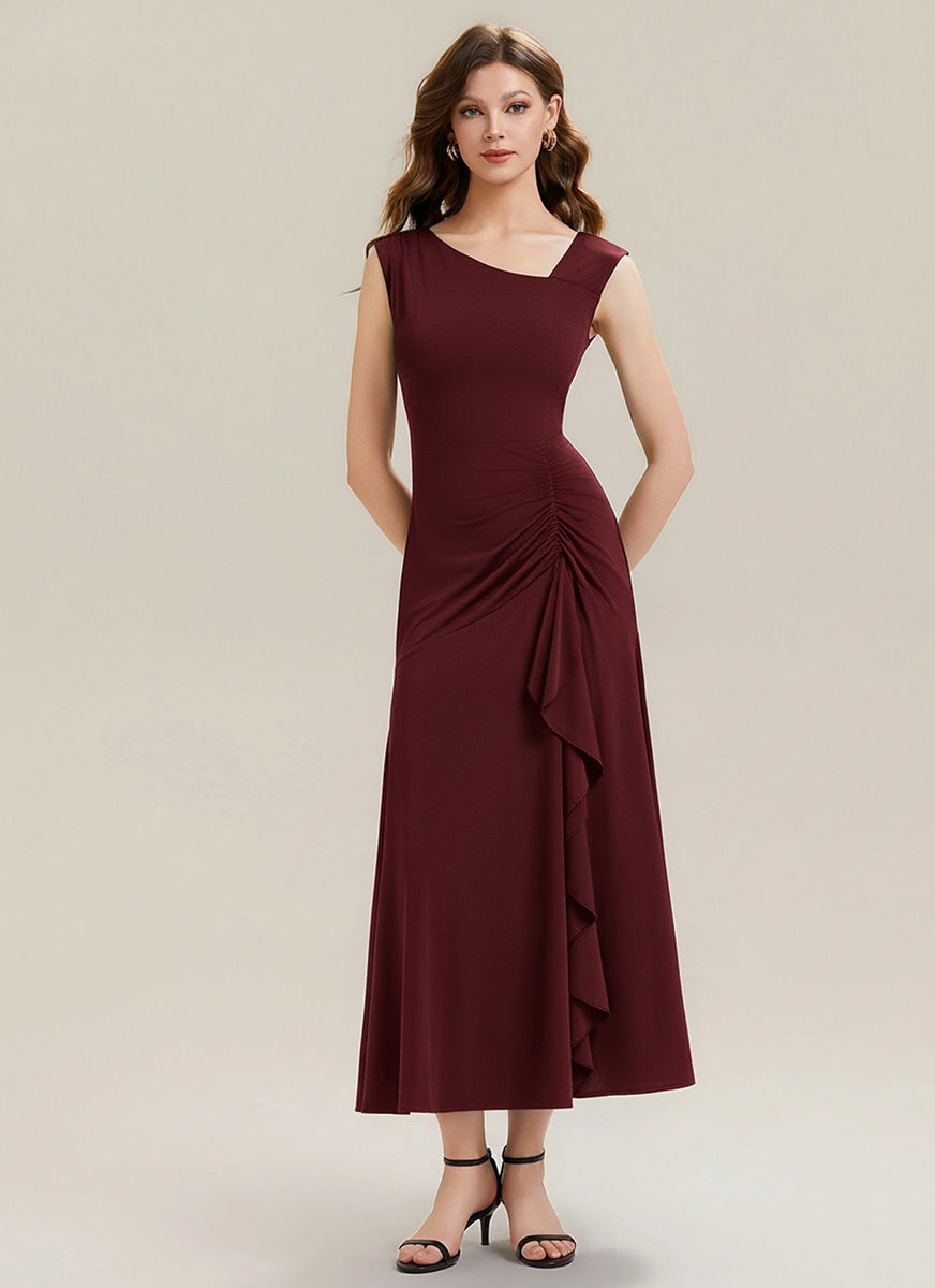 Color=Burgundy | One Stop Shop Sleeveless Asymmetrical Ruffled A-Line Maxi Evening Dresses-Burgundy 5