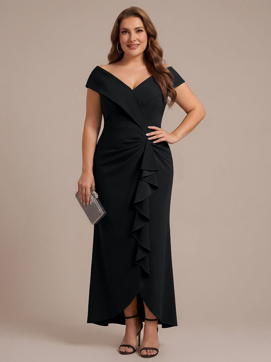 Color=Black | B2B-Exclusive Sleeveless V-Neck High Stretch Mermaid High-Low Evening Dresses-Black 6