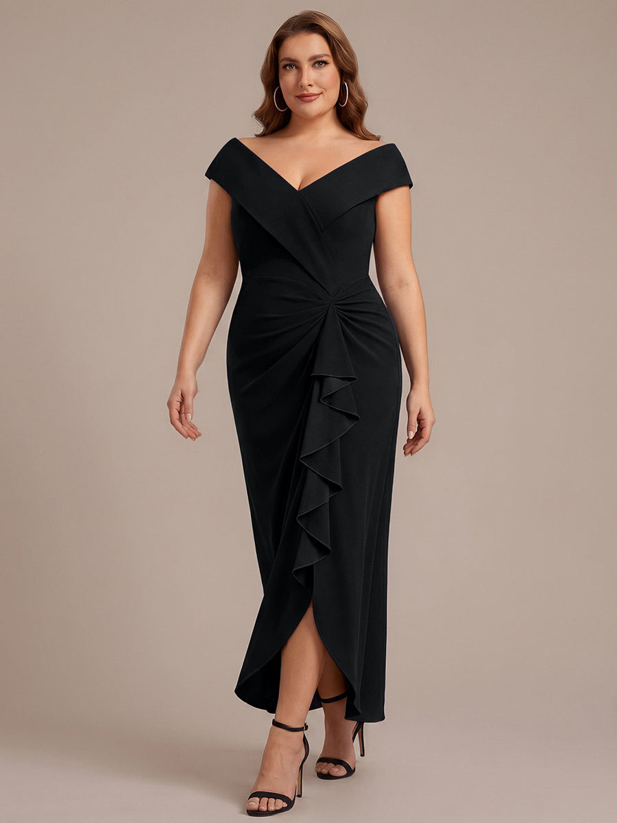 Color=Black | B2B-Exclusive Sleeveless V-Neck High Stretch Mermaid High-Low Evening Dresses-Black 9
