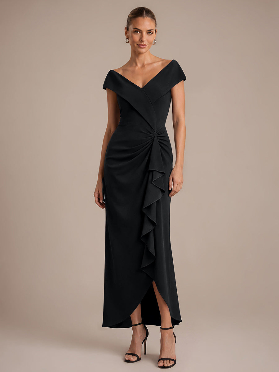 Color=Black | B2B-Exclusive Sleeveless V-Neck High Stretch Mermaid High-Low Evening Dresses-Black 1