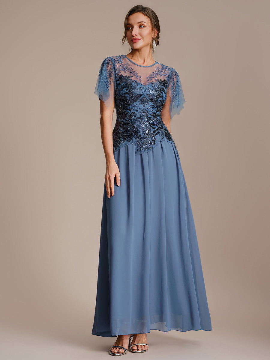Color=Dusty blue | Volume Discounts Short Sleeve Ruffle Sequin Round Neck A-Line Floor Length Evening Dresses-Dusty blue 3