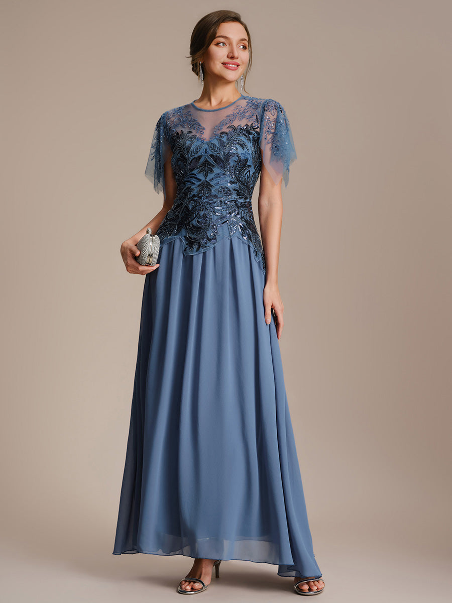 Color=Dusty blue | Volume Discounts Short Sleeve Ruffle Sequin Round Neck A-Line Floor Length Evening Dresses-Dusty blue 4