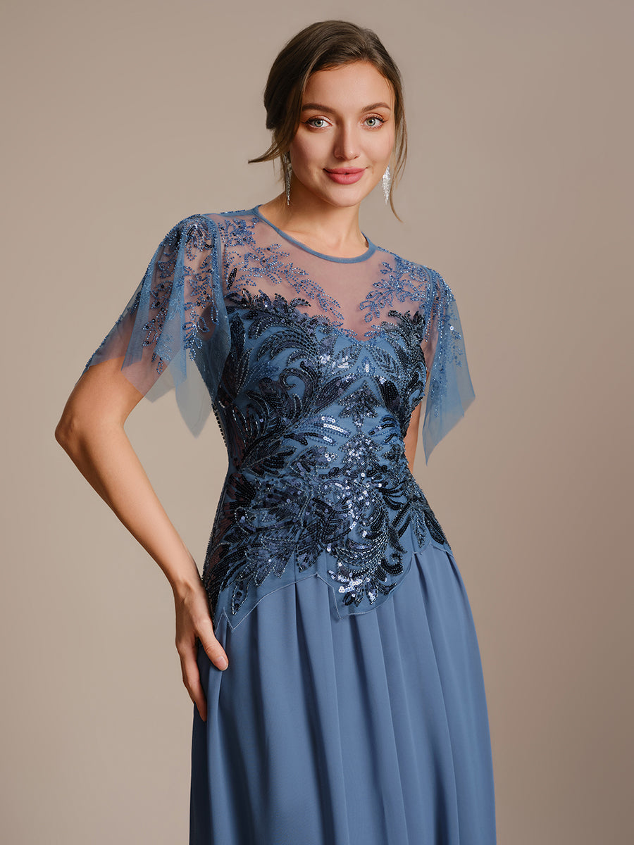 Color=Dusty blue | Volume Discounts Short Sleeve Ruffle Sequin Round Neck A-Line Floor Length Evening Dresses-Dusty blue 5