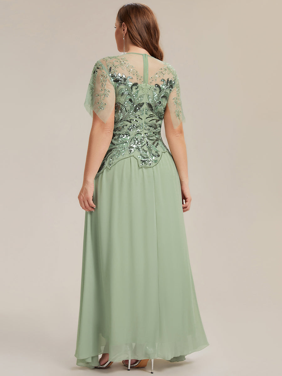 Color=Mint Green | Factory Design Short Sleeve Ruffle Sequin Beaded A-Line Floor Length Evening Dresses-Mint Green 7