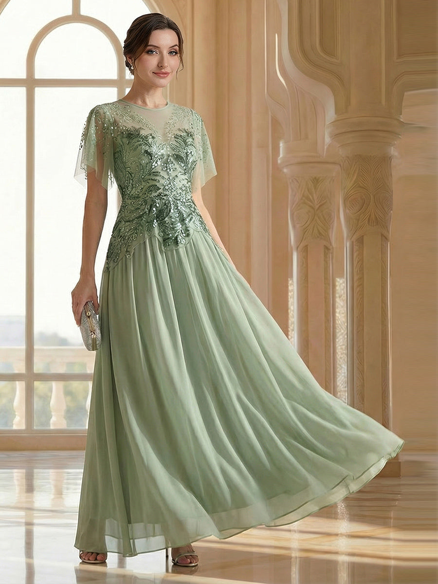 Volume Discounts Short Sleeve Ruffle Sequin Round Neck A-Line Floor Length Evening Dresses