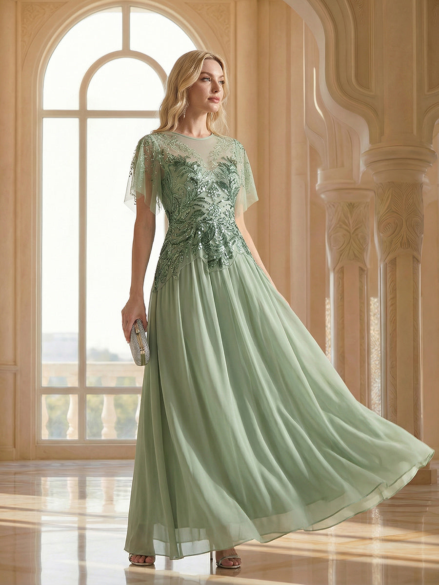 Volume Discounts Short Sleeve Ruffle Sequin Round Neck A-Line Floor Length Evening Dresses