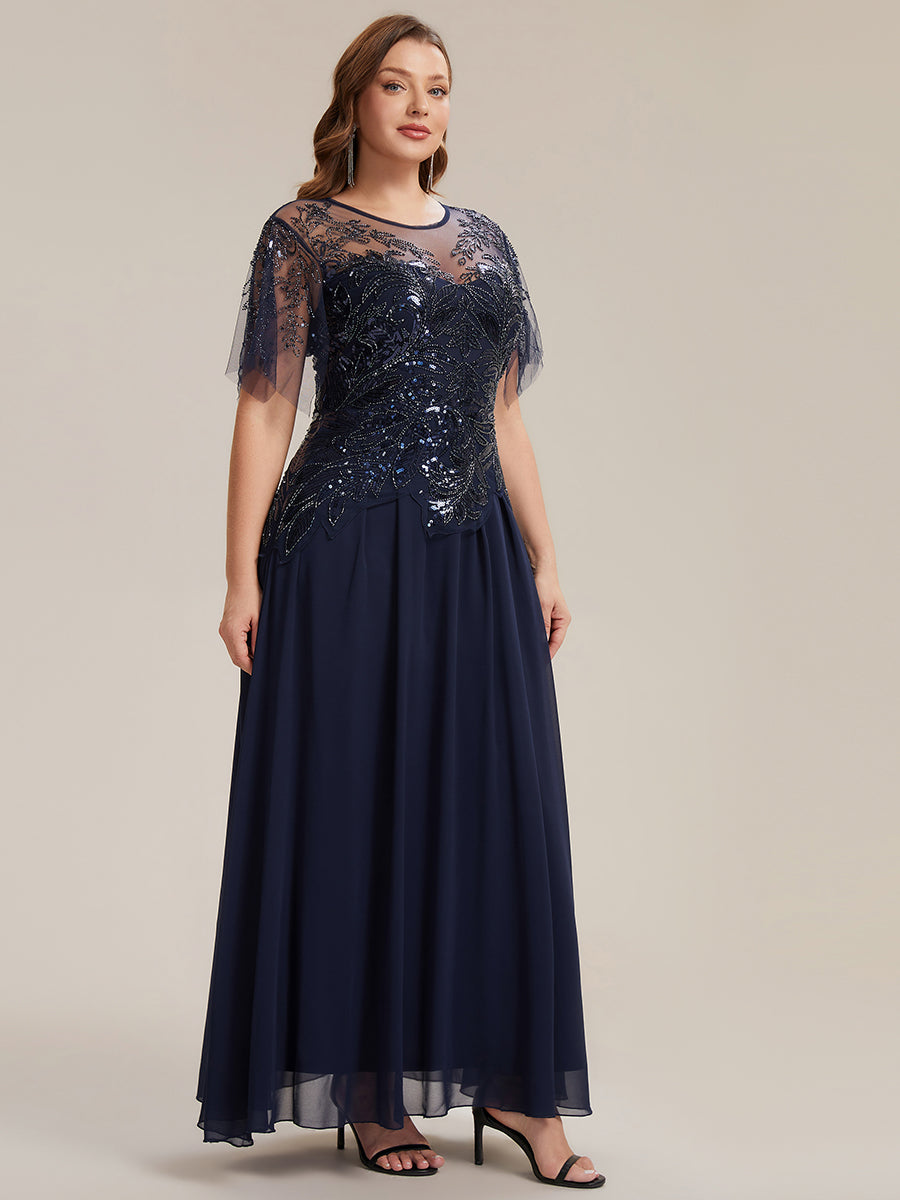 Color=Navy Blue | Factory Design Short Sleeve Ruffle Sequin Beaded A-Line Floor Length Evening Dresses-Navy Blue 19