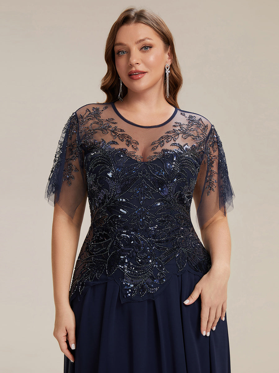 Color=Navy Blue | Factory Design Short Sleeve Ruffle Sequin Beaded A-Line Floor Length Evening Dresses-Navy Blue 18