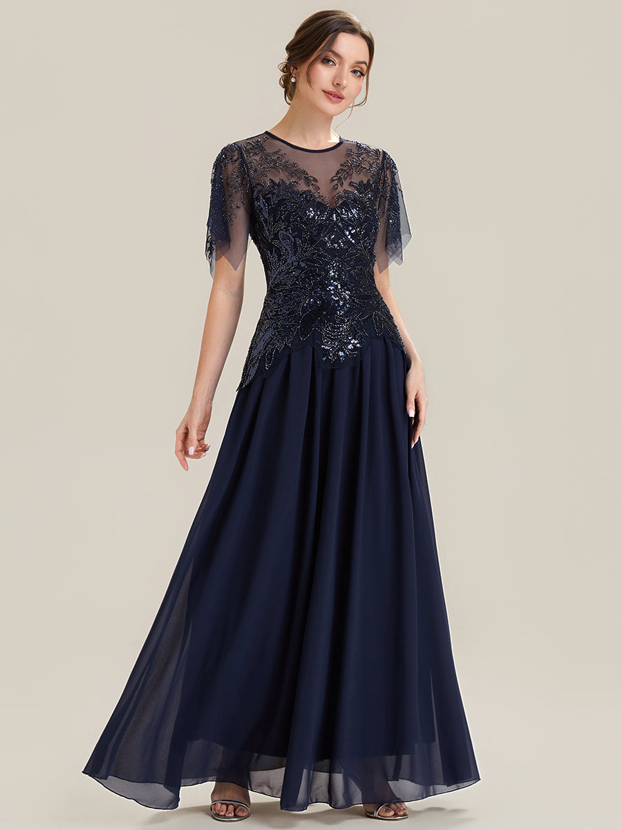 Color=Navy Blue | Volume Discounts Short Sleeve Ruffle Sequin Round Neck A-Line Floor Length Evening Dresses-Navy Blue 6